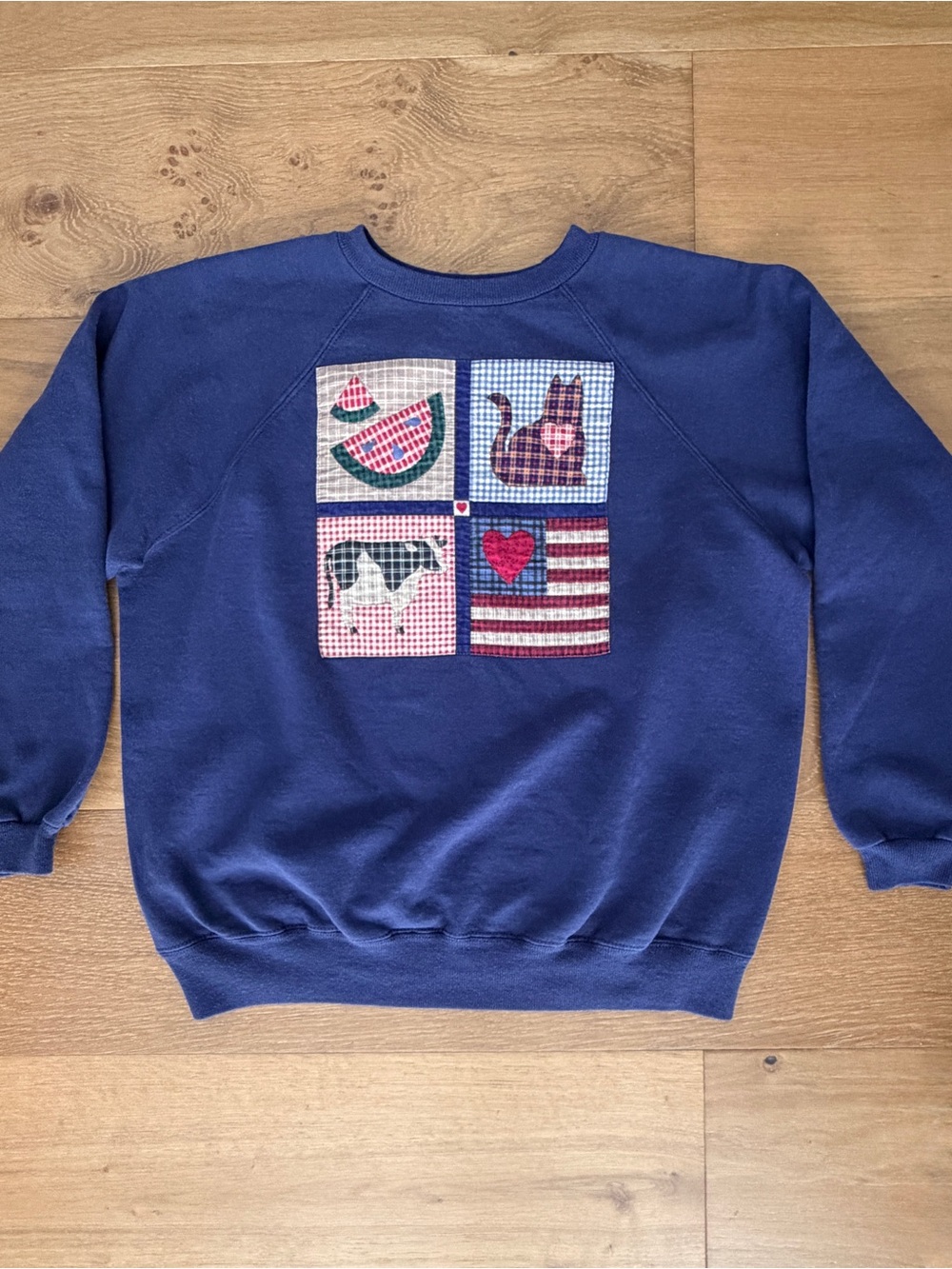 VTG 80s 90s Patchwork Folk Art Americana Graphic Sweatshirt Flag Cat Cow Heart L